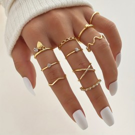 10pcs Y2k Ring Set Trendy Heart Star Wave Pattern Vintage Jewelry For Girl's Daily Outfits Mix And Match For Various Scenes