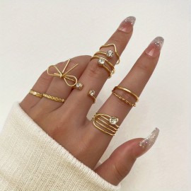 10pcs Y2k Ring Set Trendy Heart Star Wave Pattern Vintage Jewelry For Girl's Daily Outfits Mix And Match For Various Scenes