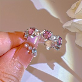 1pc Y2k Style Ring Trendy Bow Knot Design Inlaid Pink Zircon Adjustable Jewelry Match Daily Outfits Sweet Gift For Girls