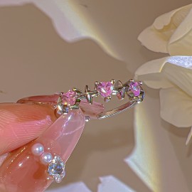 1pc Y2k Style Ring Trendy Bow Knot Design Inlaid Pink Zircon Adjustable Jewelry Match Daily Outfits Sweet Gift For Girls