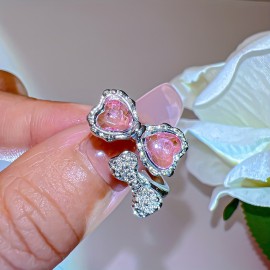 1pc Y2k Style Ring Trendy Bow Knot Design Inlaid Pink Zircon Adjustable Jewelry Match Daily Outfits Sweet Gift For Girls