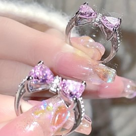 1pc Y2k Style Ring Trendy Bow Knot Design Inlaid Pink Zircon Adjustable Jewelry Match Daily Outfits Sweet Gift For Girls