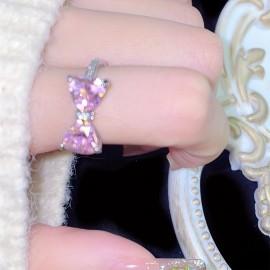 1pc Y2k Style Ring Trendy Bow Knot Design Inlaid Pink Zircon Adjustable Jewelry Match Daily Outfits Sweet Gift For Girls