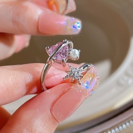 1pc Y2k Style Ring Trendy Bow Knot Design Inlaid Pink Zircon Adjustable Jewelry Match Daily Outfits Sweet Gift For Girls