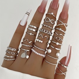 28pcs Chic Stacking Rings Trendy Chain / X Shape / Infinity Design Mix And Match For Daily Outfits Golden Or Silvery Make Your Call