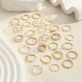 28pcs Chic Stacking Rings Trendy Chain / X Shape / Infinity Design Mix And Match For Daily Outfits Golden Or Silvery Make Your Call