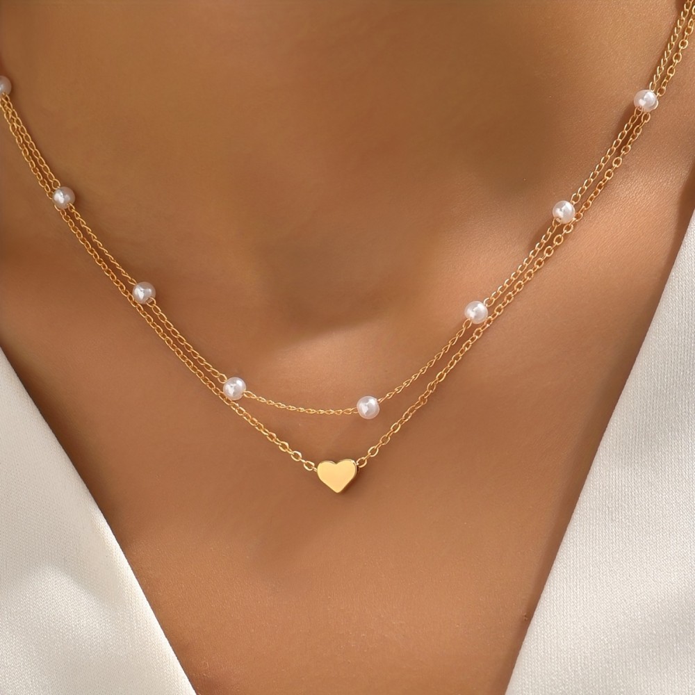 Delicate Heart Pendant Faux Pearl Clavicle Chain Necklace Delicate Party Jewelry For Girls