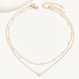 Delicate Heart Pendant Faux Pearl Clavicle Chain Necklace Delicate Party Jewelry For Girls