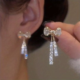 Personality Asymmetric Full Zircon Heart Shaped Tassel Earrings For Women Girls