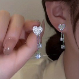 Personality Asymmetric Full Zircon Heart Shaped Tassel Earrings For Women Girls