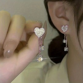 Personality Asymmetric Full Zircon Heart Shaped Tassel Earrings For Women Girls