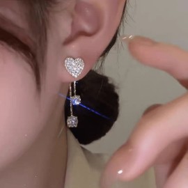 Personality Asymmetric Full Zircon Heart Shaped Tassel Earrings For Women Girls