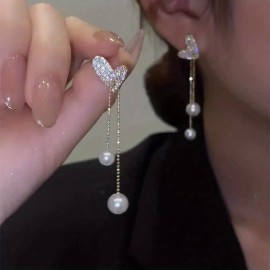 Personality Asymmetric Full Zircon Heart Shaped Tassel Earrings For Women Girls