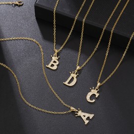 Elegant Zircon Crown Initial English Letter Pendant Ladies Necklace Neck Chain Sweater Chain Gift