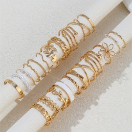 22pcs Coquette Style Stacking Rings Trendy Chain Leaf Flower Design Mix And Match For Daily Outfits Golden Or Silvery Make Your Call