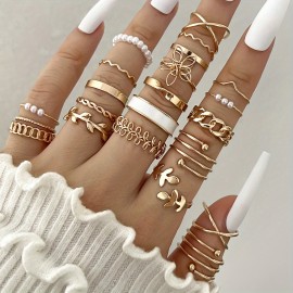 22pcs Coquette Style Stacking Rings Trendy Chain Leaf Flower Design Mix And Match For Daily Outfits Golden Or Silvery Make Your Call