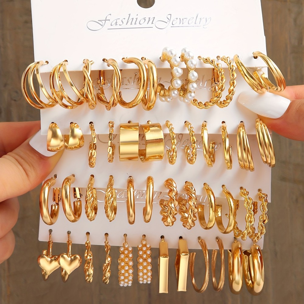 24 Pairs Golden Hoop Earrings Set Elegant Simple Style Zinc Alloy Jewelry Daily Wear Accessories Female Trendy Gift