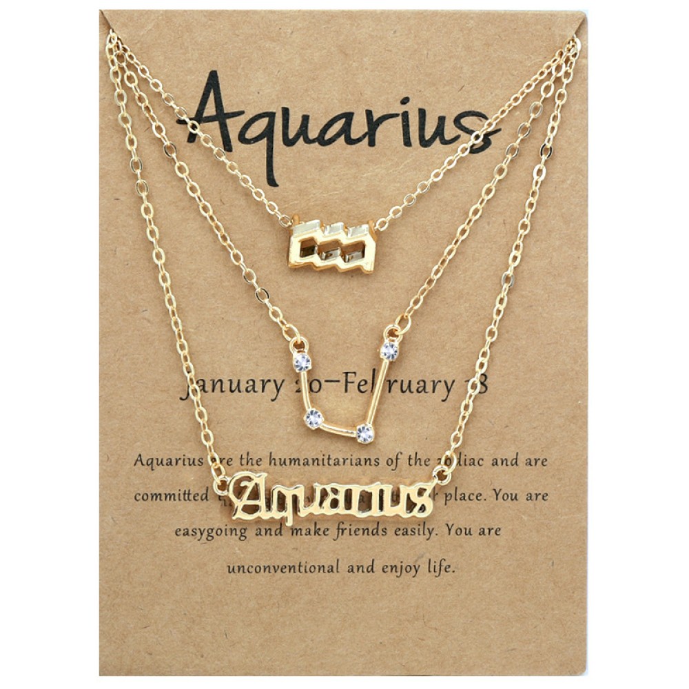 3-Pack Vintage Zodiac Alphabet Symbols Rhinestone Clavicle Chain Necklaces