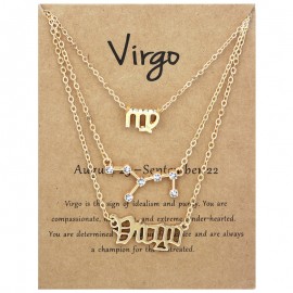 3-Pack Vintage Zodiac Alphabet Symbols Rhinestone Clavicle Chain Necklaces