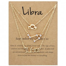 3-Pack Vintage Zodiac Alphabet Symbols Rhinestone Clavicle Chain Necklaces