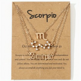 3-Pack Vintage Zodiac Alphabet Symbols Rhinestone Clavicle Chain Necklaces