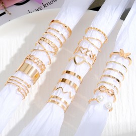 22pcs Personality Exaggerated Golden Silver Color Twist Wave Love Pattern Rings Women's Joint Ring Set Party Favors