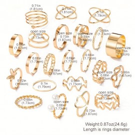 22pcs Personality Exaggerated Golden Silver Color Twist Wave Love Pattern Rings Women's Joint Ring Set Party Favors