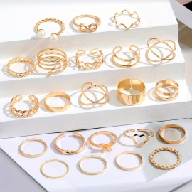 22pcs Personality Exaggerated Golden Silver Color Twist Wave Love Pattern Rings Women's Joint Ring Set Party Favors