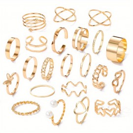 22pcs Personality Exaggerated Golden Silver Color Twist Wave Love Pattern Rings Women's Joint Ring Set Party Favors