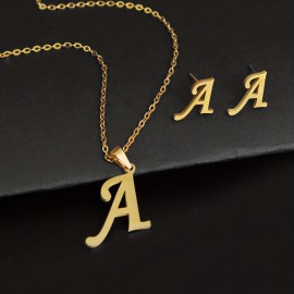 Simple 26 Initial Letter Alphabet Necklace & Earring Set, Glossy Stainless Steel Collarbone Chain, Ladies Birthday Gift