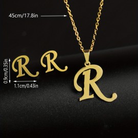 Simple 26 Initial Letter Alphabet Necklace & Earring Set, Glossy Stainless Steel Collarbone Chain, Ladies Birthday Gift