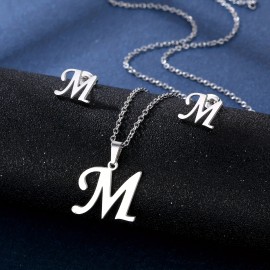 Simple 26 Initial Letter Alphabet Necklace & Earring Set, Glossy Stainless Steel Collarbone Chain, Ladies Birthday Gift