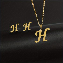 Simple 26 Initial Letter Alphabet Necklace & Earring Set, Glossy Stainless Steel Collarbone Chain, Ladies Birthday Gift