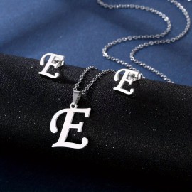 Simple 26 Initial Letter Alphabet Necklace & Earring Set, Glossy Stainless Steel Collarbone Chain, Ladies Birthday Gift