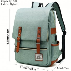 1pc Vintage Nylon Laptop Backpack With USB Charging Port, Slim Tear Resistant Business Backpack For Travel, College, School, Casual Daypack For Men, Women, Fits Up To 15.6 Inch Notebook