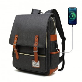 1pc Vintage Nylon Laptop Backpack With USB Charging Port, Slim Tear Resistant Business Backpack For Travel, College, School, Casual Daypack For Men, Women, Fits Up To 15.6 Inch Notebook