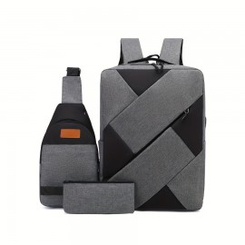 New Men's Three-piece Backpack Lightweight Rechargeable USB Laptop Backpack High-capacity Travel Bag