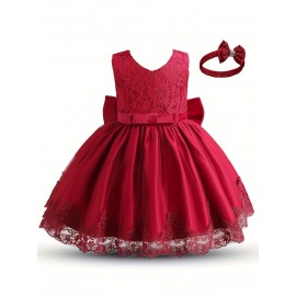 Gorgeous Princess Party Dress, Toddler Girl Tutu Birthday Bowknot Lace Christening Cute Sleeveless Wedding Gown Dress