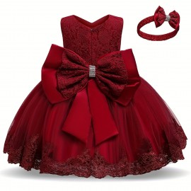 Gorgeous Princess Party Dress, Toddler Girl Tutu Birthday Bowknot Lace Christening Cute Sleeveless Wedding Gown Dress