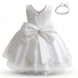 Gorgeous Princess Party Dress, Toddler Girl Tutu Birthday Bowknot Lace Christening Cute Sleeveless Wedding Gown Dress