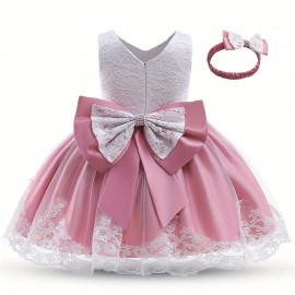 Gorgeous Princess Party Dress, Toddler Girl Tutu Birthday Bowknot Lace Christening Cute Sleeveless Wedding Gown Dress