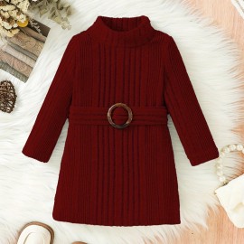 Baby Knitted Comfy Turtleneck Long Dress, Kids Clothes Autumn And Winter