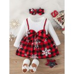 Baby Girl Christmas Cute Bow Snowflake Print Dress+two Piece Headscarf Set