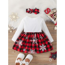 Baby Girl Christmas Cute Bow Snowflake Print Dress+two Piece Headscarf Set