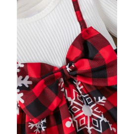 Baby Girl Christmas Cute Bow Snowflake Print Dress+two Piece Headscarf Set