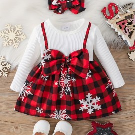 Baby Girl Christmas Cute Bow Snowflake Print Dress+two Piece Headscarf Set