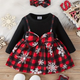 Baby Girl Christmas Cute Bow Snowflake Print Dress+two Piece Headscarf Set