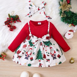 Baby Girl Christmas Cute Bow Snowflake Print Dress+two Piece Headscarf Set