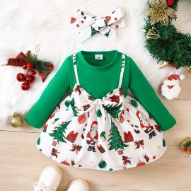 Baby Girl Christmas Cute Bow Snowflake Print Dress+two Piece Headscarf Set