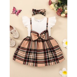 2pcs Infant Baby Girls Splicing Suspender Dress Fly Sleeve Bow Plaid Dress & Headband Set Toddler Clothes